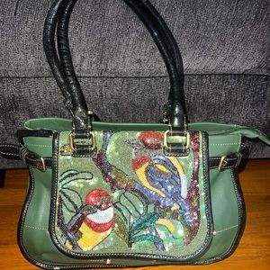 original by sharif green sequined bird purse